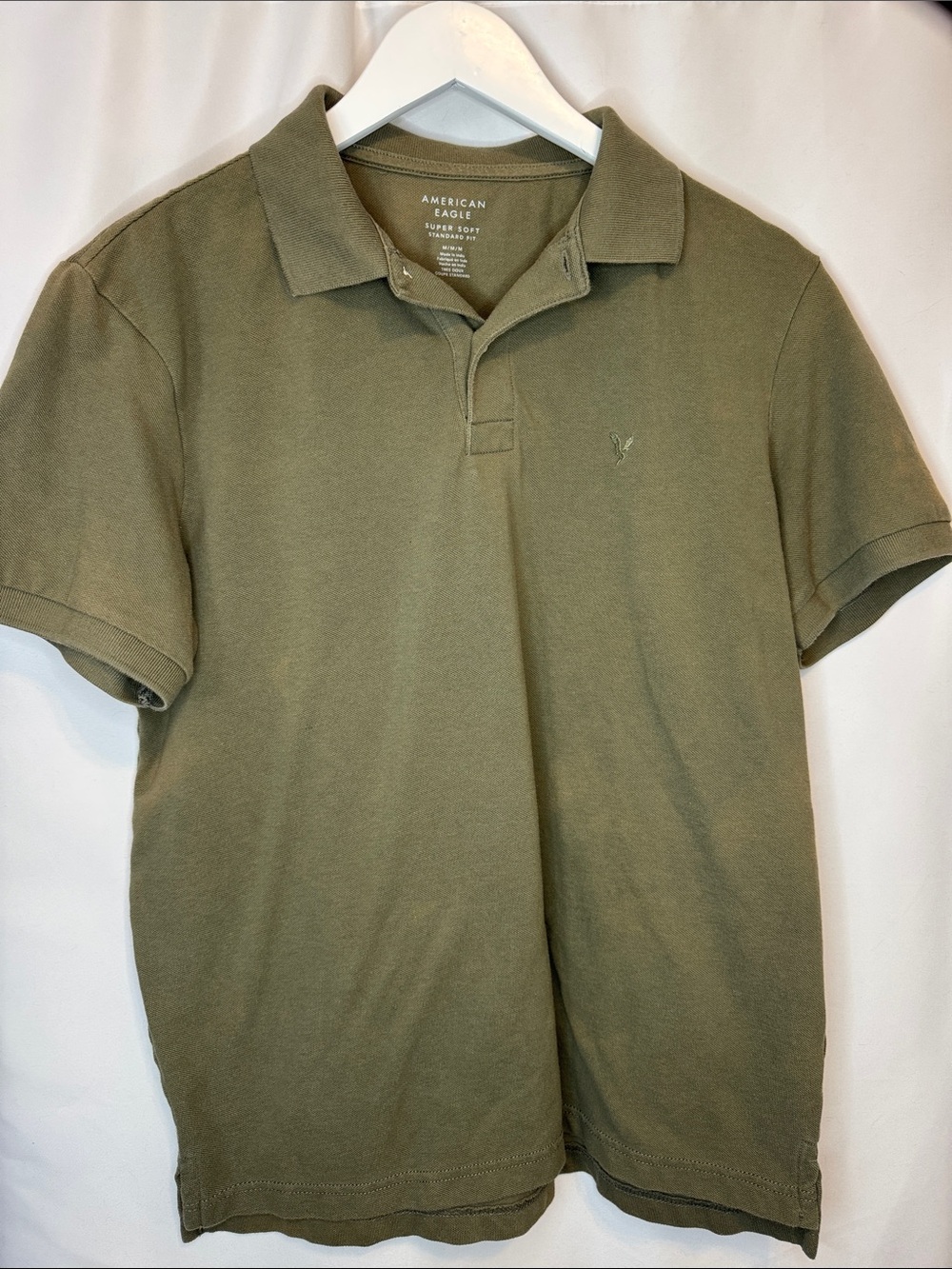 American Eagle Outfitters Olive Polo Shirt with Subtle Logo medium sun faded